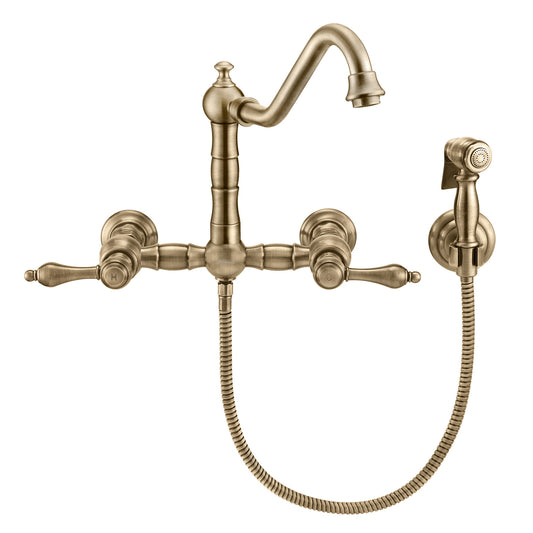 Vintage III Plus Wall Mount Faucet with a Long Traditional Swivel Spout, Lever Handles and Solid Brass Side Spray, Antique Brass, WHKWLV3-9402-NT-AB