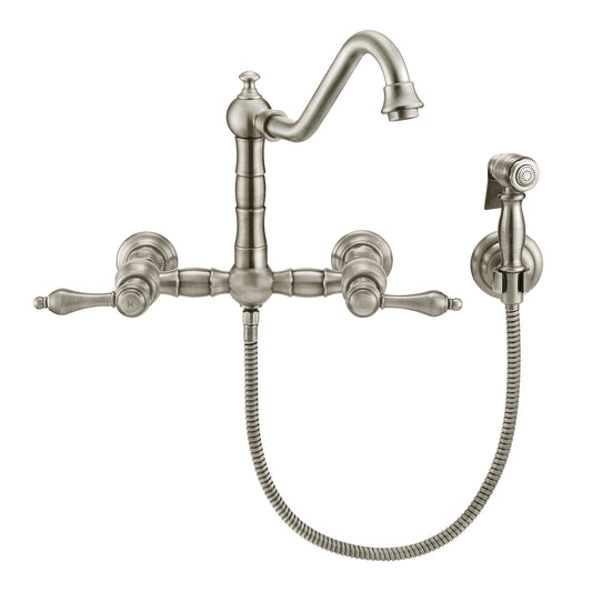 Vintage III Plus Wall Mount Faucet with a Long Traditional Swivel Spout, Lever Handles and Solid Brass Side Spray, Brushed Nickel, WHKWLV3-9402-NT-BN