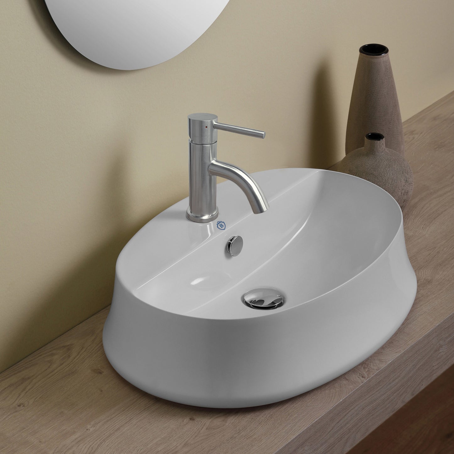 Whitehaus Collection Britannia 23 5/8" Vitreous China Oval Bathroom Basin with Single Faucet Hole, Above Mount, White, B-SH05