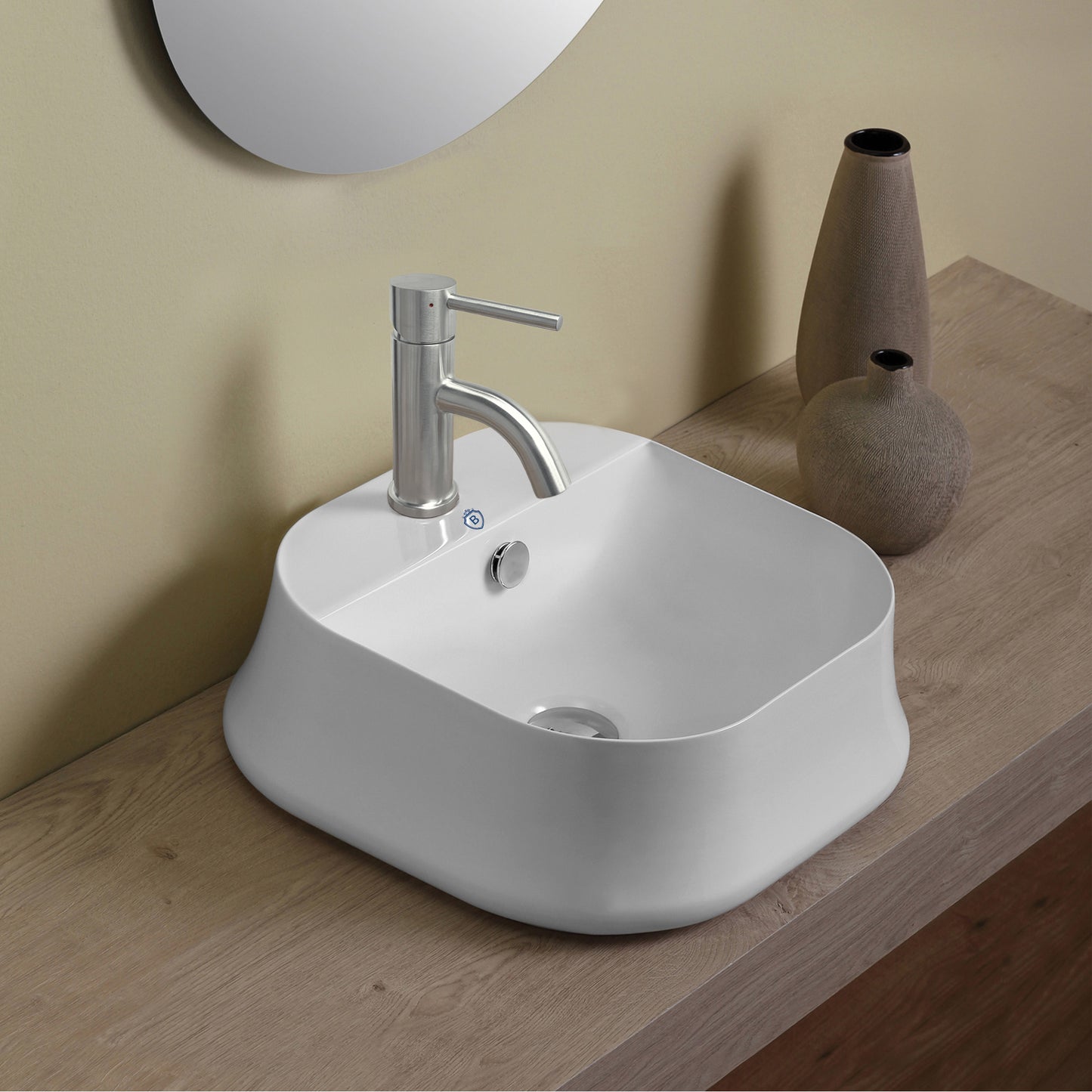 Whitehaus Collection Britannia 16 3/4" Vitreous China Square Bathroom Basin with Single Faucet Hole, Above Mount, White, B-SH07