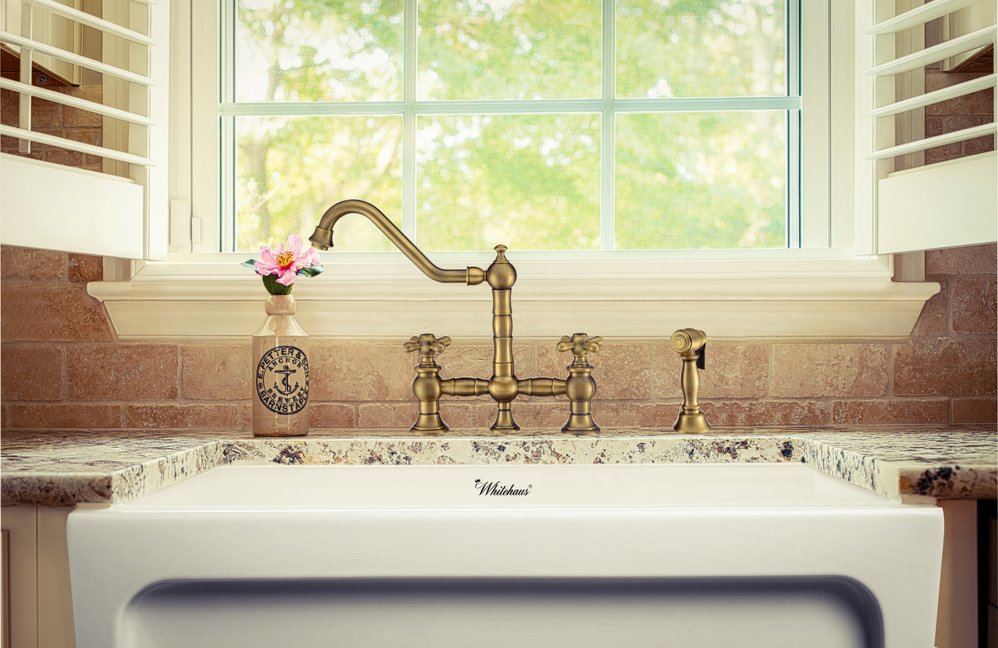 Vintage III Plus Bridge Faucet with Long Traditional Swivel Spout, Cross Handles and Solid Brass Side Spray, Antique Brass, WHKBTCR3-9201-NT-AB