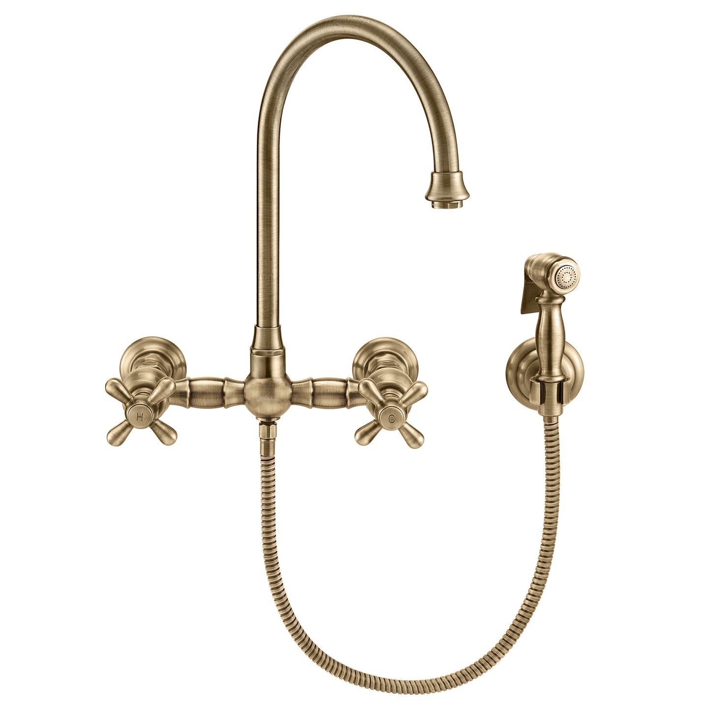 Vintage III Plus Wall Mount Faucet with a Long Gooseneck Swivel Spout, Cross Handles and Solid Brass Side Spray, Antique Brass, WHKWCR3-9301-NT-AB