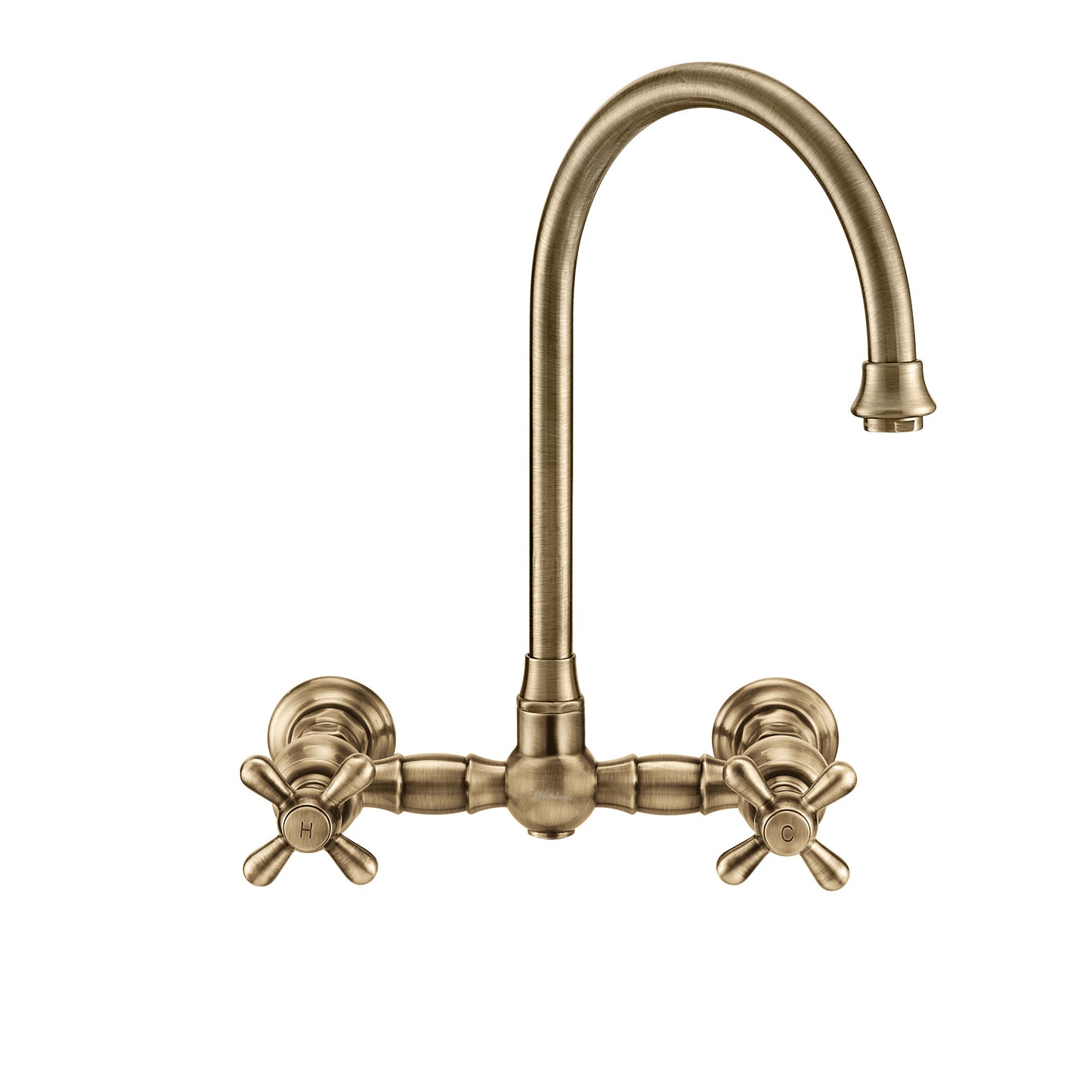 Vintage III Plus Wall Mount Faucet with a Long Gooseneck Swivel Spout, Cross Handles and Solid Brass Side Spray, Antique Brass, WHKWCR3-9301-NT-AB