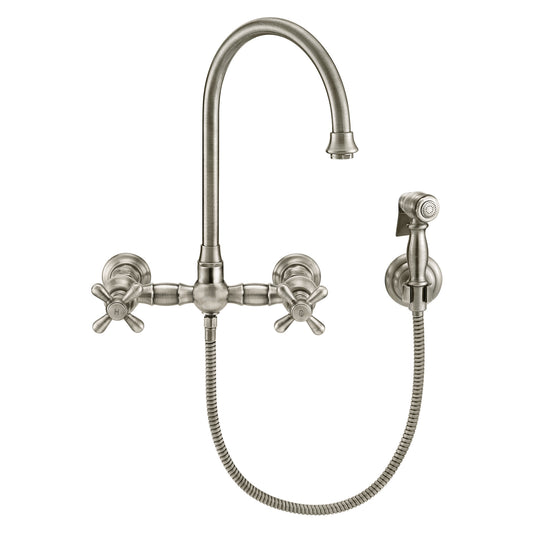 Vintage III Plus Wall Mount Faucet with a Long Gooseneck Swivel Spout, Cross Handles and Solid Brass Side Spray, Brushed Nickel, WHKWCR3-9301-NT-BN