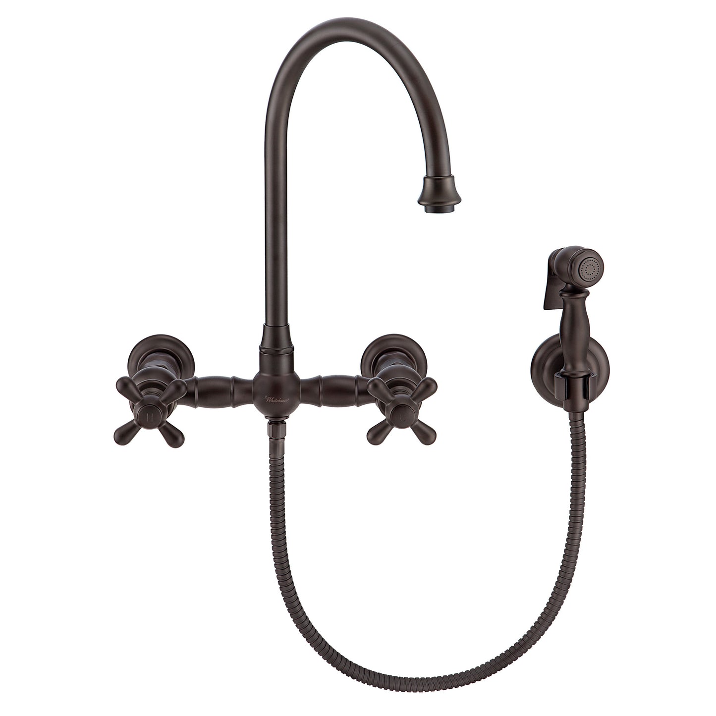 Vintage III Plus Wall Mount Faucet with a Long Gooseneck Swivel Spout, Cross Handles and Solid Brass Side Spray, Oil Rubbed Bronze, WHKWCR3-9301-NT-ORB