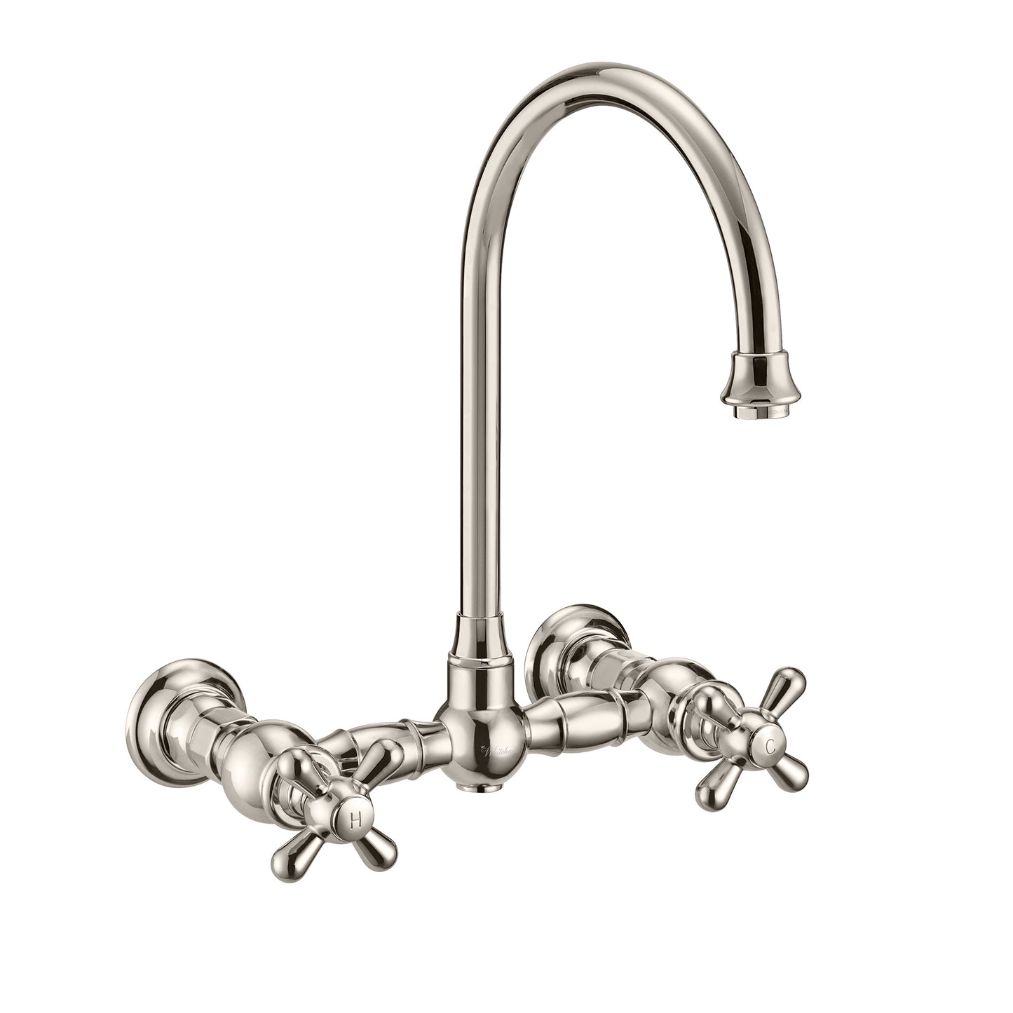 Vintage III Plus Wall Mount Faucet with a Long Gooseneck Swivel Spout, Cross Handles and Solid Brass Side Spray, Polished Nickel, WHKWCR3-9301-NT-PN