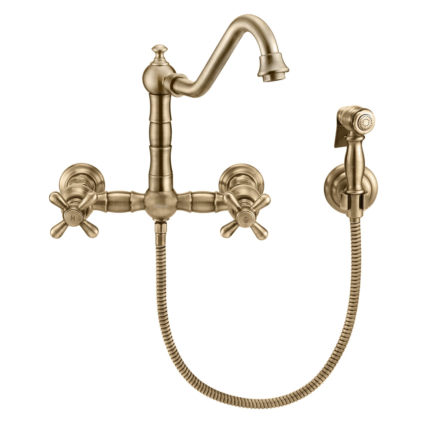 Vintage III Plus Wall Mount Faucet with a Long Traditional Swivel Spout, Cross Handles and Solid Brass Side Spray, Antique Brass, WHKWCR3-9402-NT-AB