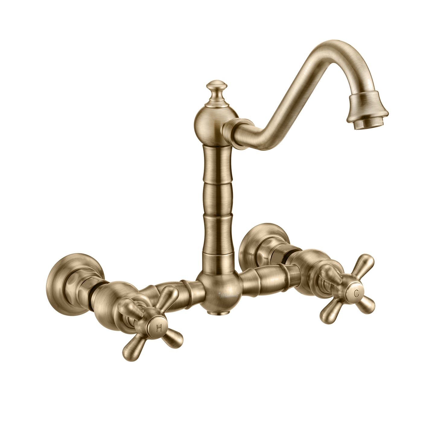 Vintage III Plus Wall Mount Faucet with a Long Traditional Swivel Spout, Cross Handles and Solid Brass Side Spray, Antique Brass, WHKWCR3-9402-NT-AB