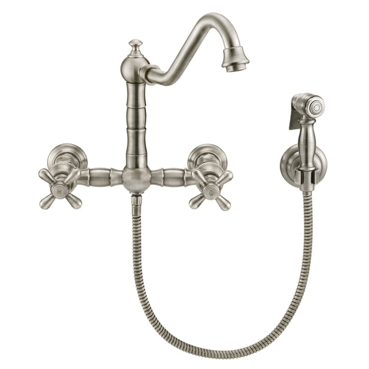 Vintage III Plus Wall Mount Faucet with a Long Traditional Swivel Spout, Cross Handles and Solid Brass Side Spray, Brushed Nickel, WHKWCR3-9402-NT-BN