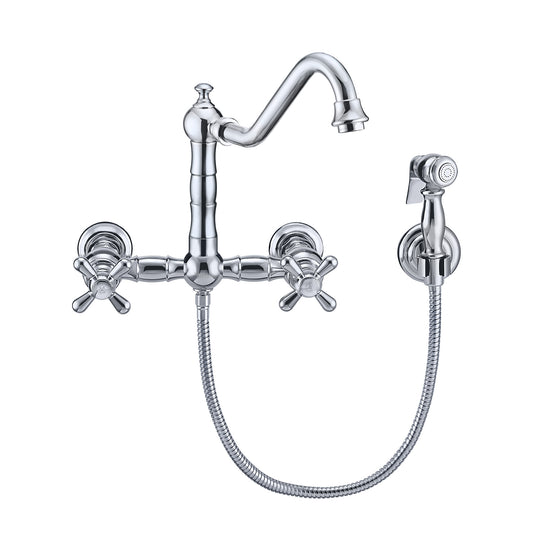 Vintage III Plus Wall Mount Faucet with a Long Traditional Swivel Spout, Cross Handles and Solid Brass Side Spray, Polished Chrome, WHKWCR3-9402-NT-C