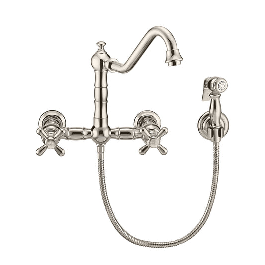 Vintage III Plus Wall Mount Faucet with a Long Traditional Swivel Spout, Cross Handles and Solid Brass Side Spray, Polished Nickel, WHKWCR3-9402-NT-PN