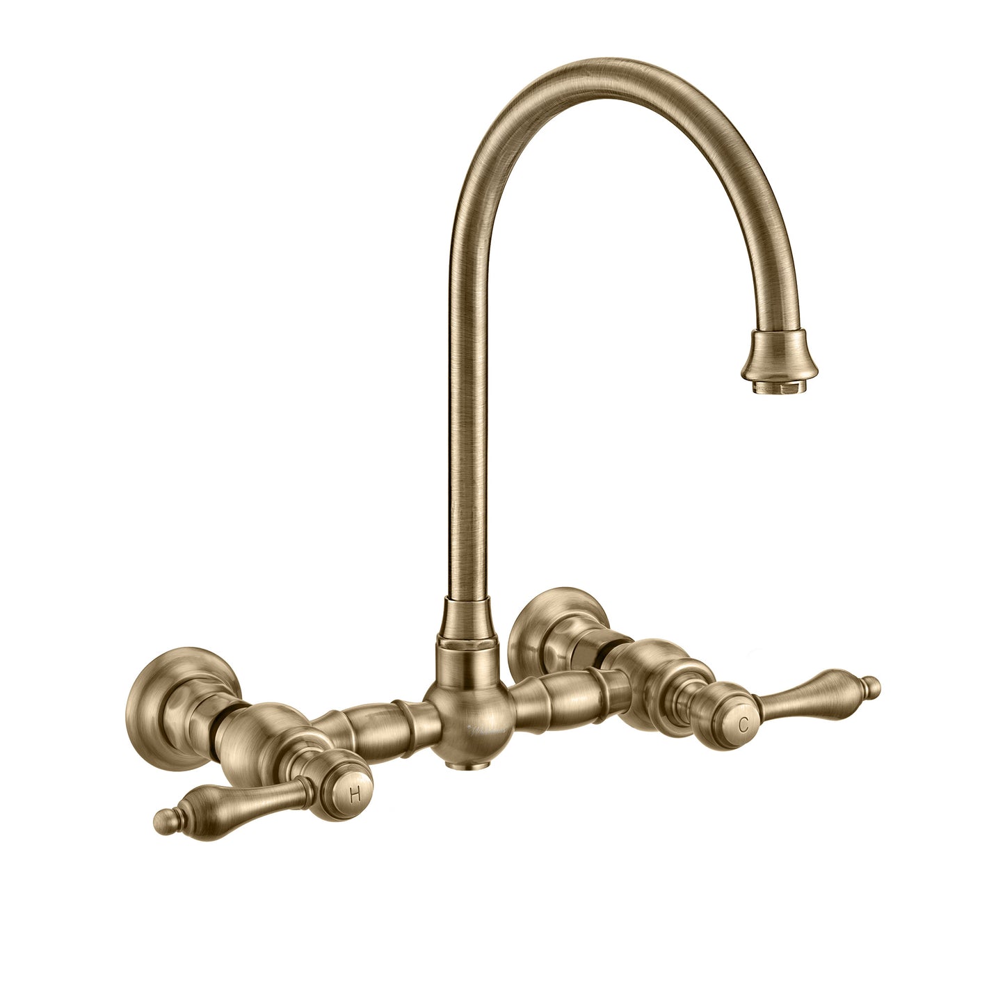 Vintage III Plus Wall Mount Faucet with a Long Gooseneck Swivel Spout, Lever Handles and Solid Brass Side Spray, Antique Brass, WHKWLV3-9301-NT-AB