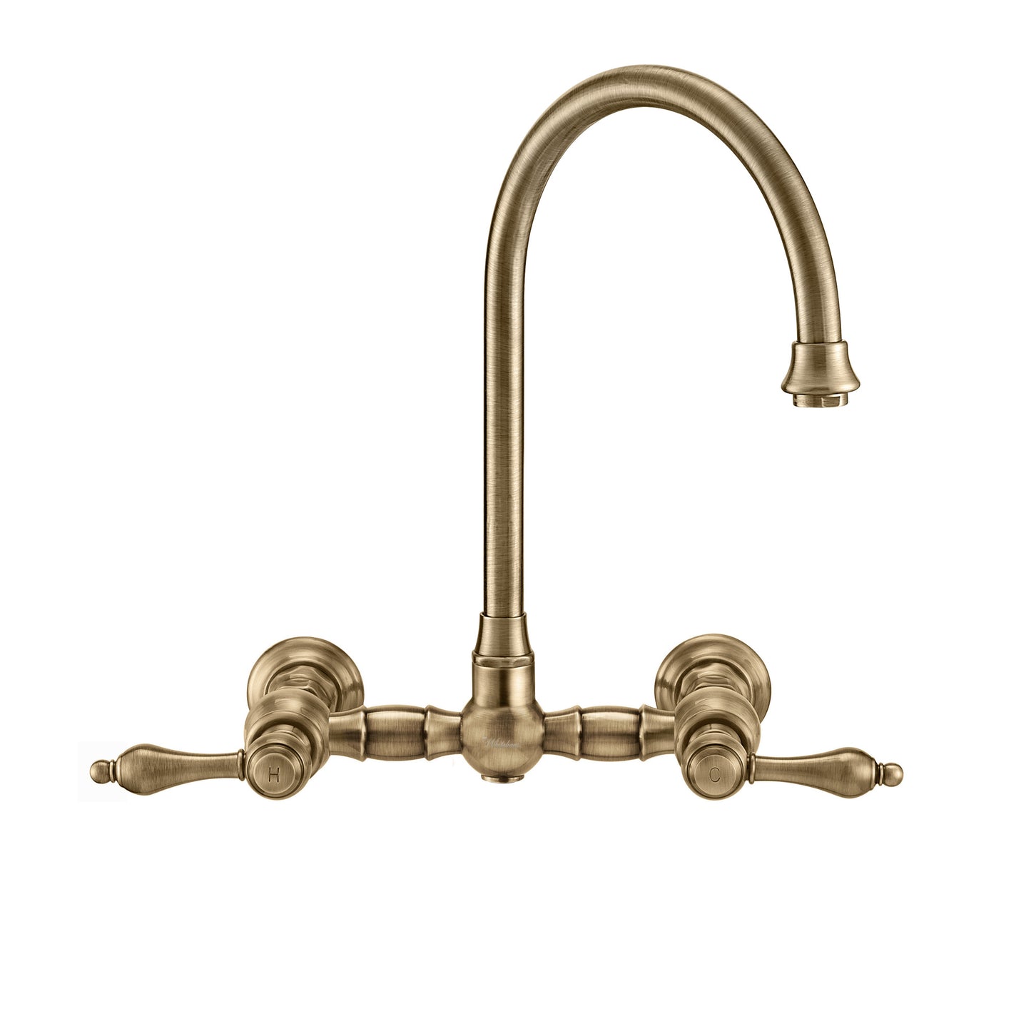 Vintage III Plus Wall Mount Faucet with a Long Gooseneck Swivel Spout, Lever Handles and Solid Brass Side Spray, Antique Brass, WHKWLV3-9301-NT-AB