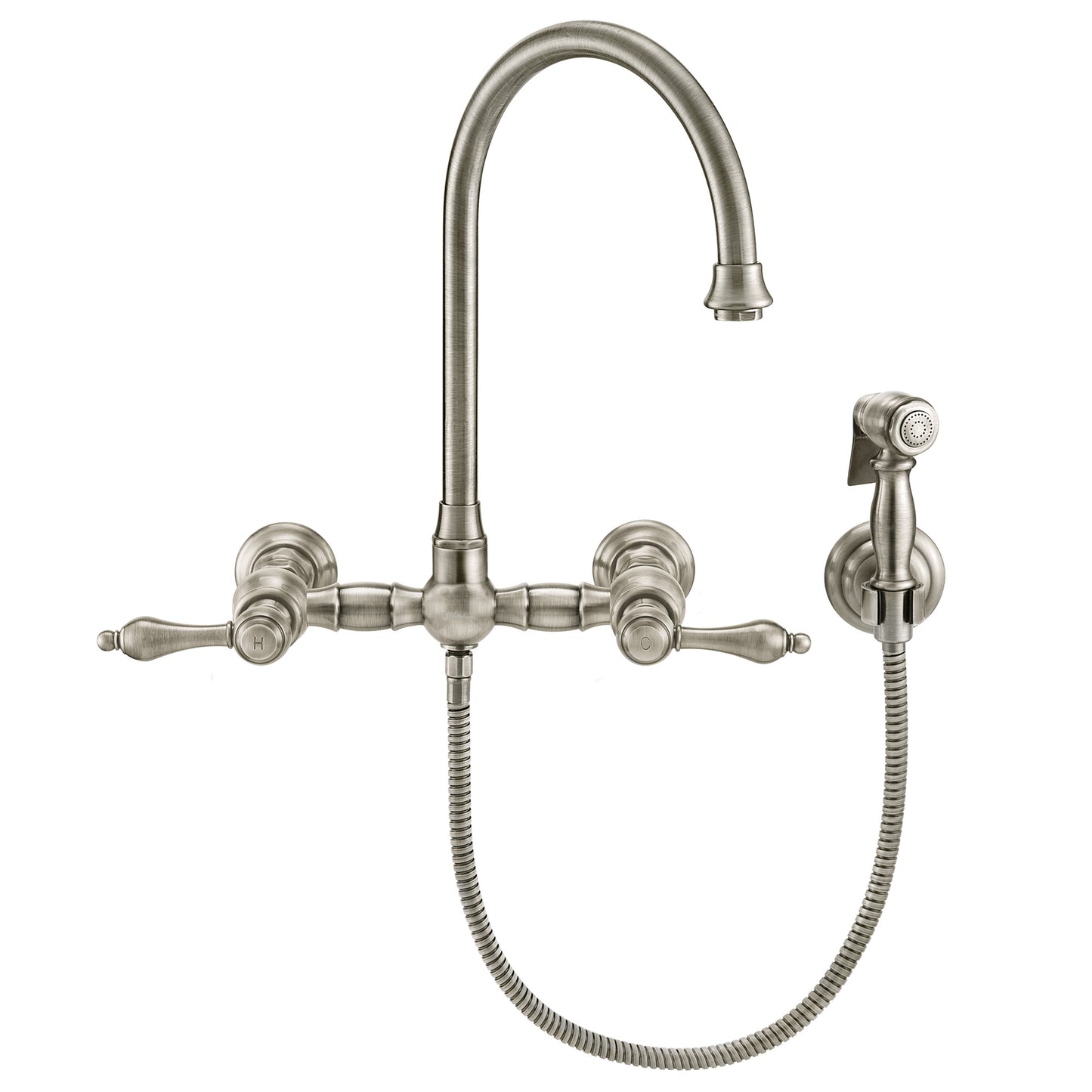 Vintage III Plus Wall Mount Faucet with a Long Gooseneck Swivel Spout, Lever Handles and Solid Brass Side Spray, Brushed Nickel, WHKWLV3-9301-NT-BN