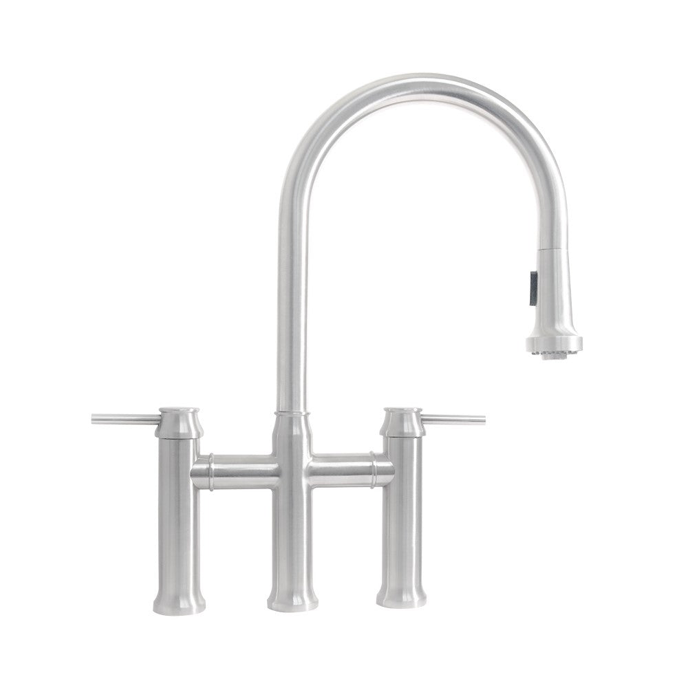 Waterhaus Lead-Free Solid Stainless Steel Bridge Faucet with a Gooseneck Swivel Spout, Pull Down Spray Head and Solid Lever Handles, Polished Stainless Steel, WHS6900-PDK-PSS