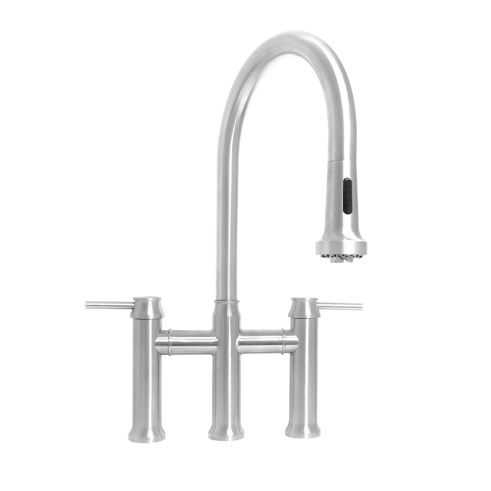 Waterhaus Lead-Free Solid Stainless Steel Bridge Faucet with a Gooseneck Swivel Spout, Pull Down Spray Head and Solid Lever Handles, Polished Stainless Steel, WHS6900-PDK-PSS