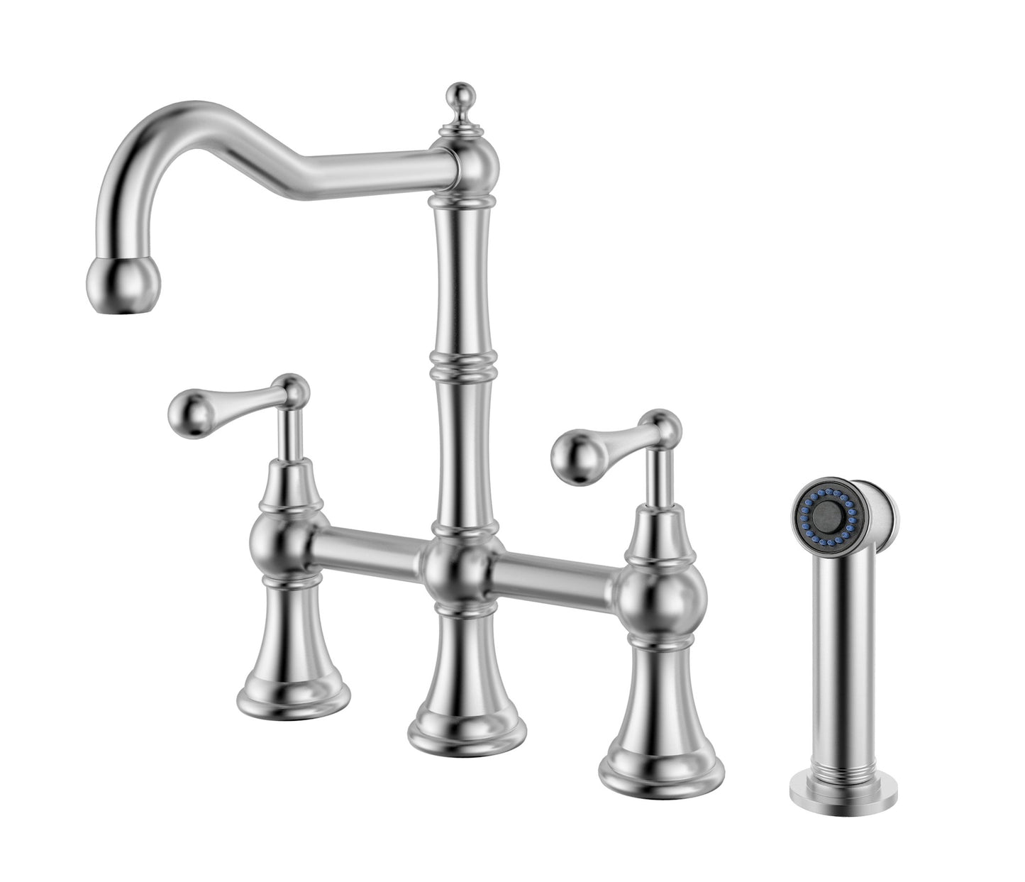 Waterhaus Lead-Free Solid Stainless Steel Bridge Faucet with a Traditional Spout, Lever Handles and Side Spray, Brushed Stainless Steel, WHSB14007-SK-BSS