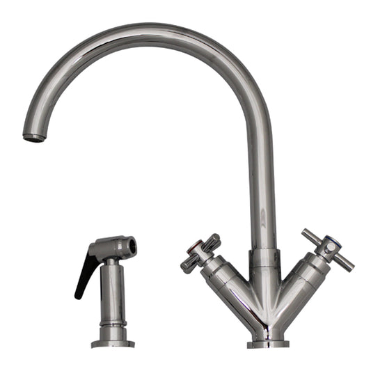 Luxe+ Dual Handle Faucet with Gooseneck Swivel Spout, "V" Cross Style Handles and Solid Brass Side Spray