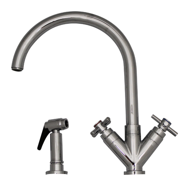 Luxe+ Dual Handle Faucet with Gooseneck Swivel Spout, V Cross Style Handles and Solid Brass Side Spray