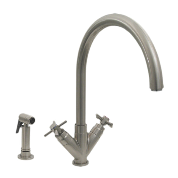 Luxe+ Dual Handle Faucet with Gooseneck Swivel Spout, V Cross Style Handles and Solid Brass Side Spray