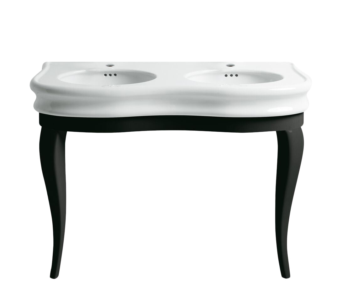 Large Console with Integrated Oval Bowls, Overflow and Black Wooden Leg Support 