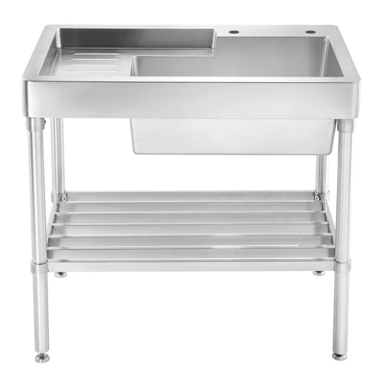 Brushed Stainless Steel  Single Bowl, Freestanding Utility Sink with Drainboard and Lower Rack