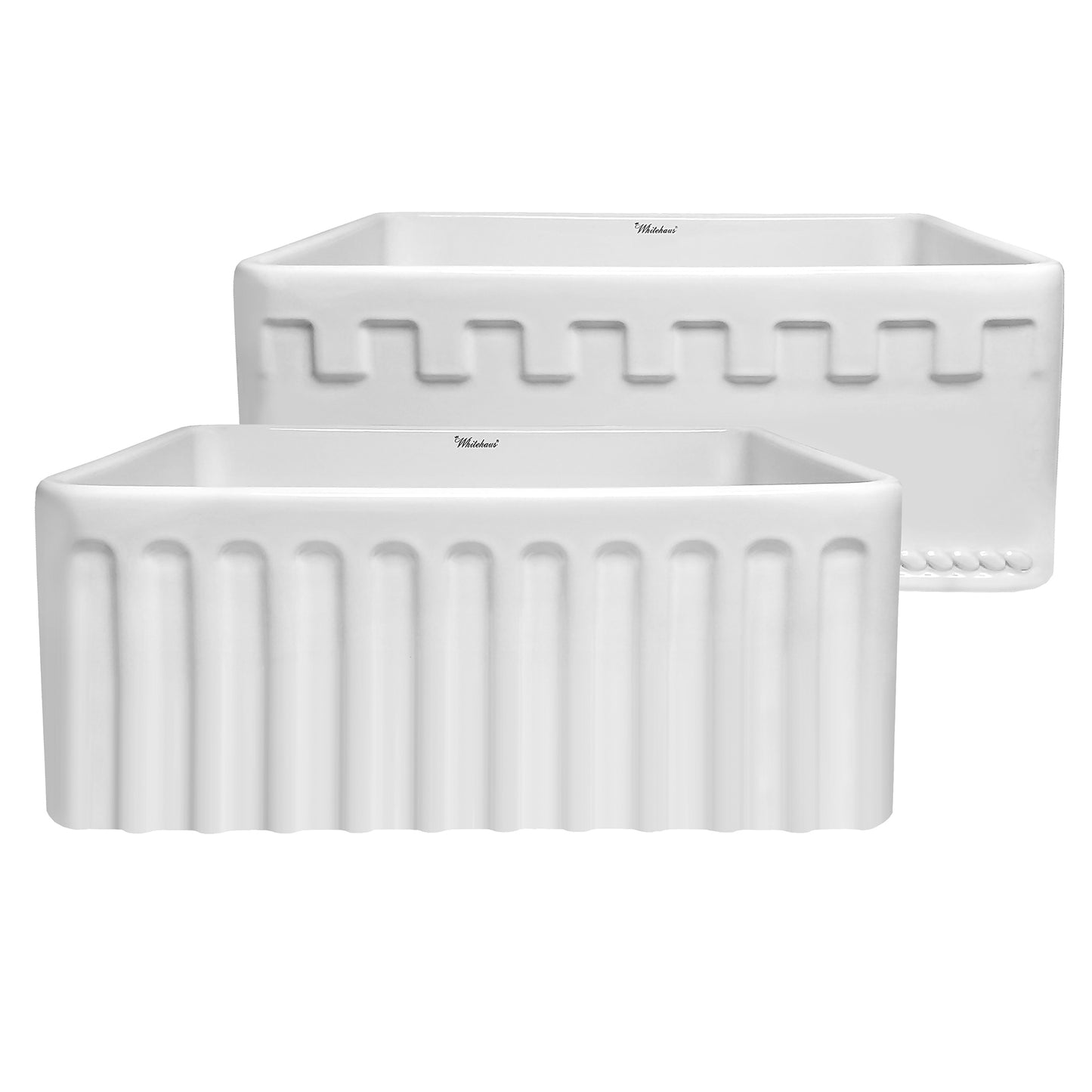 Farmhaus Fireclay Sink with a Castlehaus Design Front Apron on One Side  and Fluted Front Apron on the Opposite Side