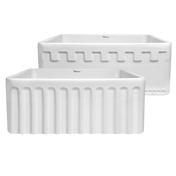 Farmhaus Fireclay Sink with a Castlehaus Design Front Apron on One Side  and Fluted Front Apron on the Opposite Side