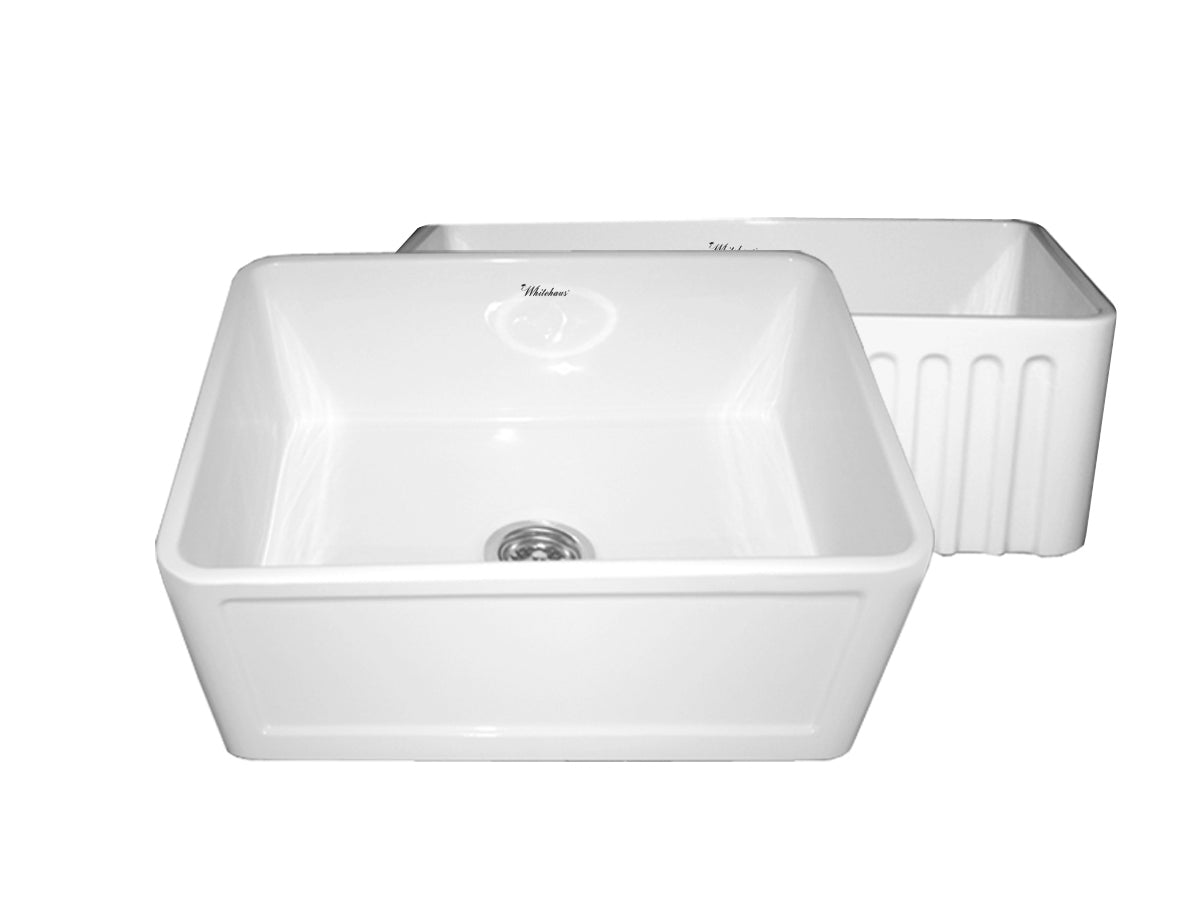 Farmhaus Fireclay Sink with a Concave Front Apron on One Side and Fluted Front Apron on the Other