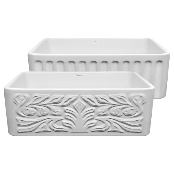 Farmhaus Fireclay Sink with a Gothichaus Swirl Design Front Apron on One Side, and a Fluted Front Apron on the Opposite Side.