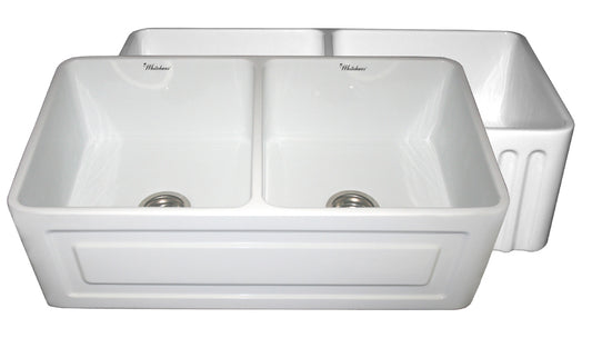 Farmhaus Fireclay Double Bowl Sink with a Raised Panel Front Apron on One Side and Fluted Front Apron on the Opposite Side