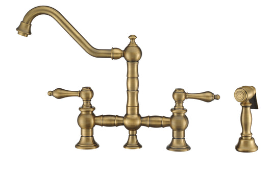 Vintage III Plus Bridge Faucet with Long Traditional Swivel Spout, Lever Handles and Solid Brass Side Spray