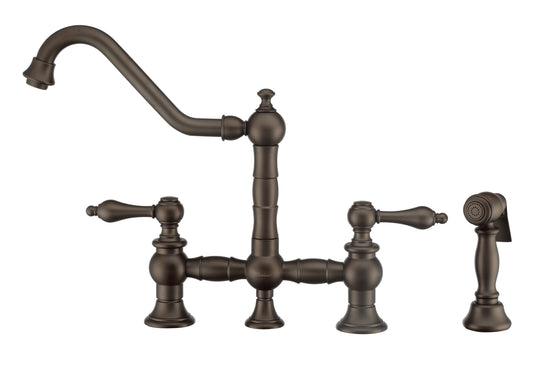 Vintage III Plus Bridge Faucet with Long Traditional Swivel Spout, Lever Handles and Solid Brass Side Spray