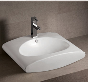 Rectangular Bathroom Basin with Integrated Oval Bowl, Overflow, Single Faucet Hole and Rear Center Drain