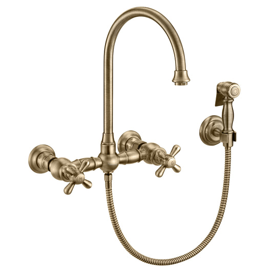 Vintage III Plus Wall Mount Faucet with a Long Gooseneck Swivel Spout, Cross Handles and Solid Brass Side Spray