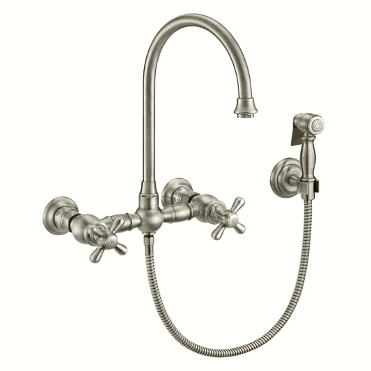 Vintage III Plus Wall Mount Faucet with a Long Gooseneck Swivel Spout, Cross Handles and Solid Brass Side Spray