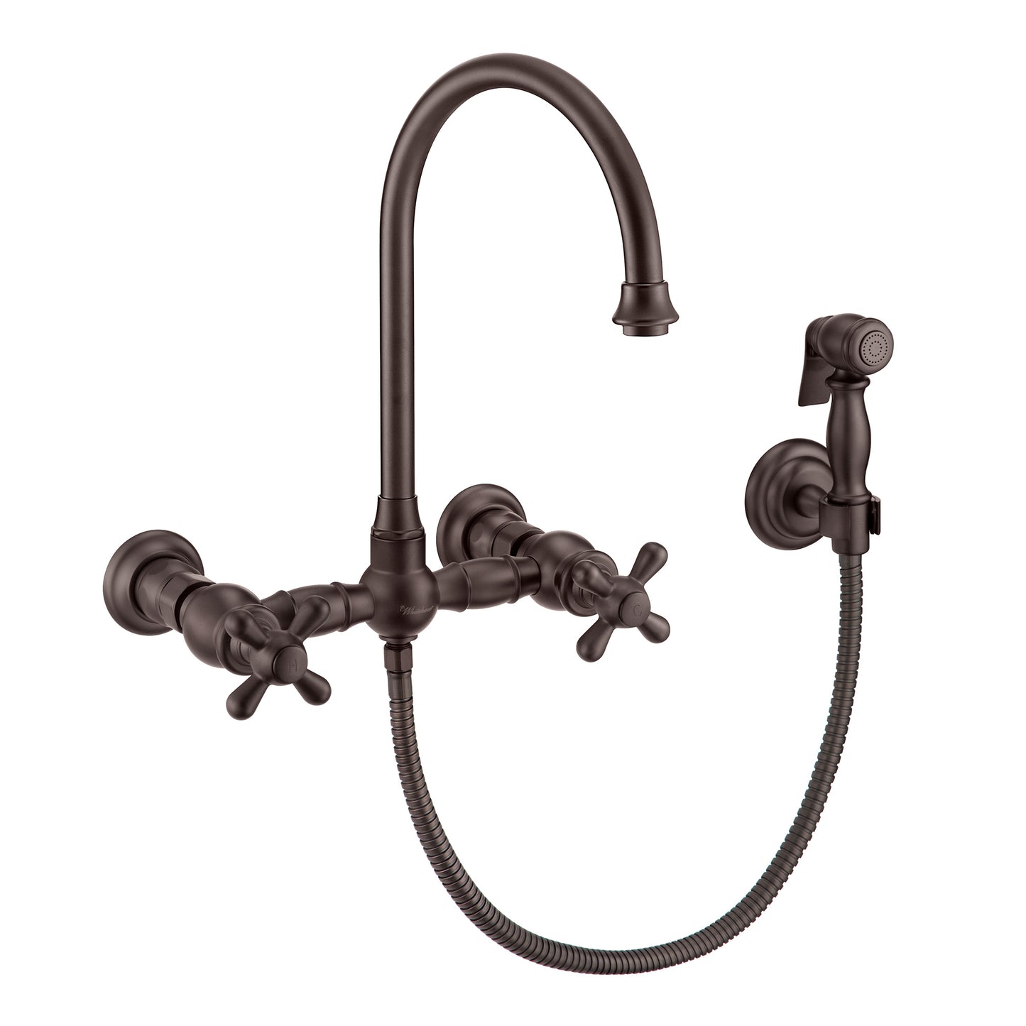 Vintage III Plus Wall Mount Faucet with a Long Gooseneck Swivel Spout, Cross Handles and Solid Brass Side Spray