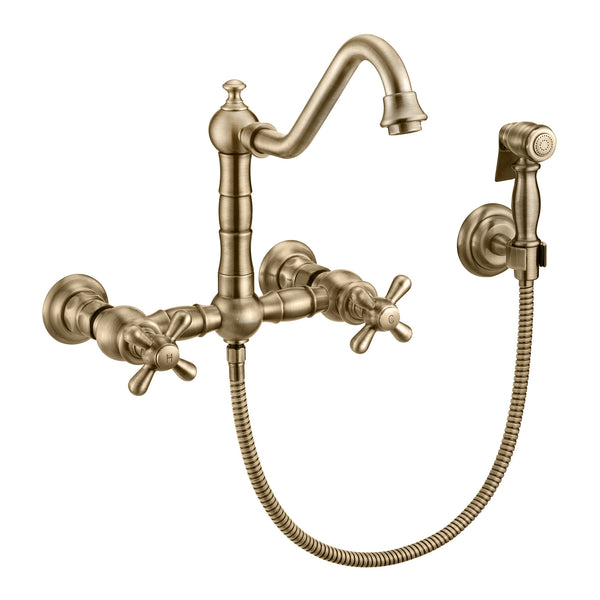 Vintage III Plus Wall Mount Faucet with a Long Traditional Swivel Spout, Cross Handles and Solid Brass Side Spray