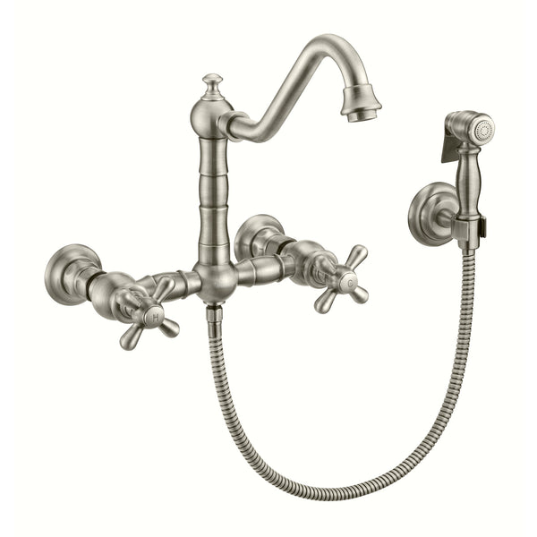 Vintage III Plus Wall Mount Faucet with a Long Traditional Swivel Spout, Cross Handles and Solid Brass Side Spray