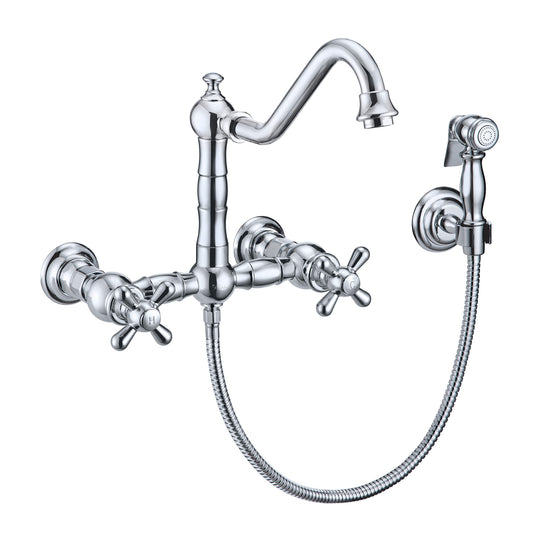 Vintage III Plus Wall Mount Faucet with a Long Traditional Swivel Spout, Cross Handles and Solid Brass Side Spray