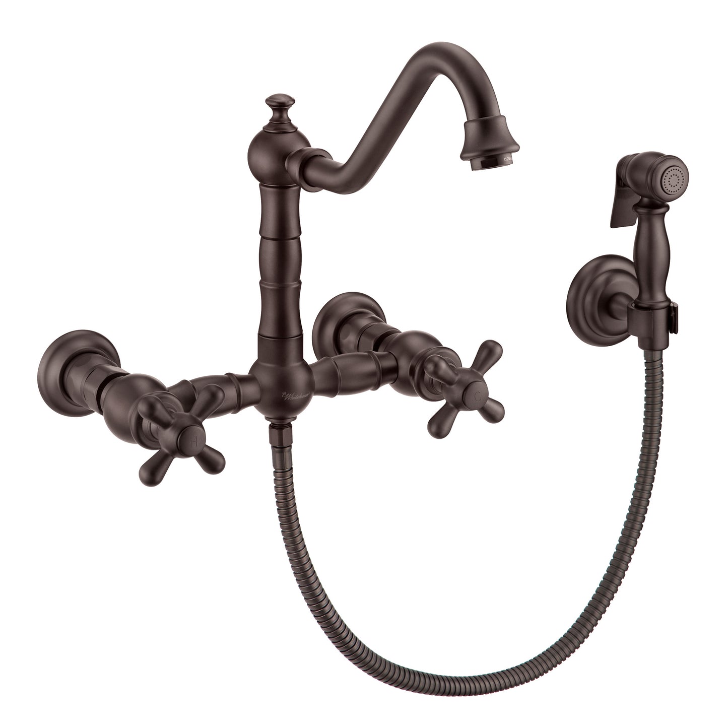 Vintage III Plus Wall Mount Faucet with a Long Traditional Swivel Spout, Cross Handles and Solid Brass Side Spray