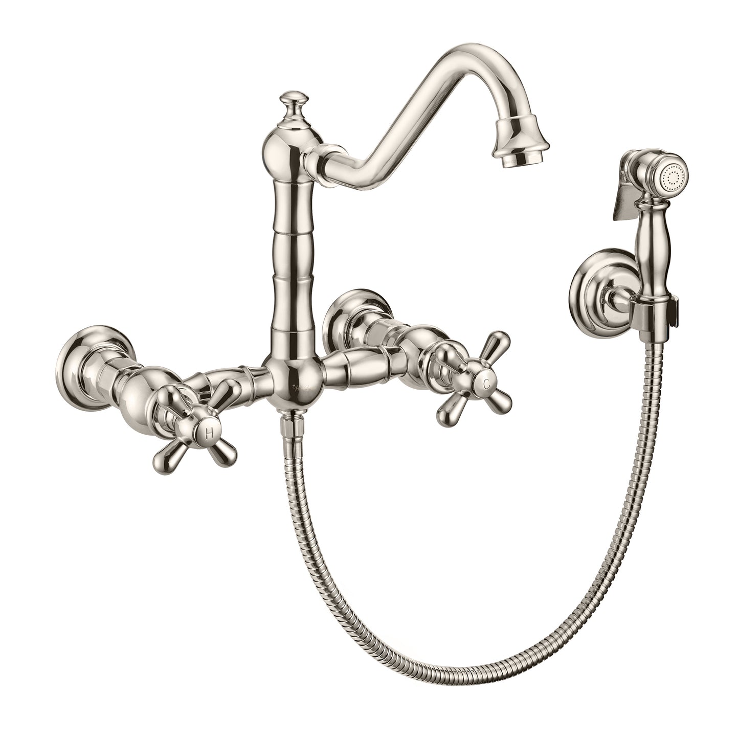 Vintage III Plus Wall Mount Faucet with a Long Traditional Swivel Spout, Cross Handles and Solid Brass Side Spray