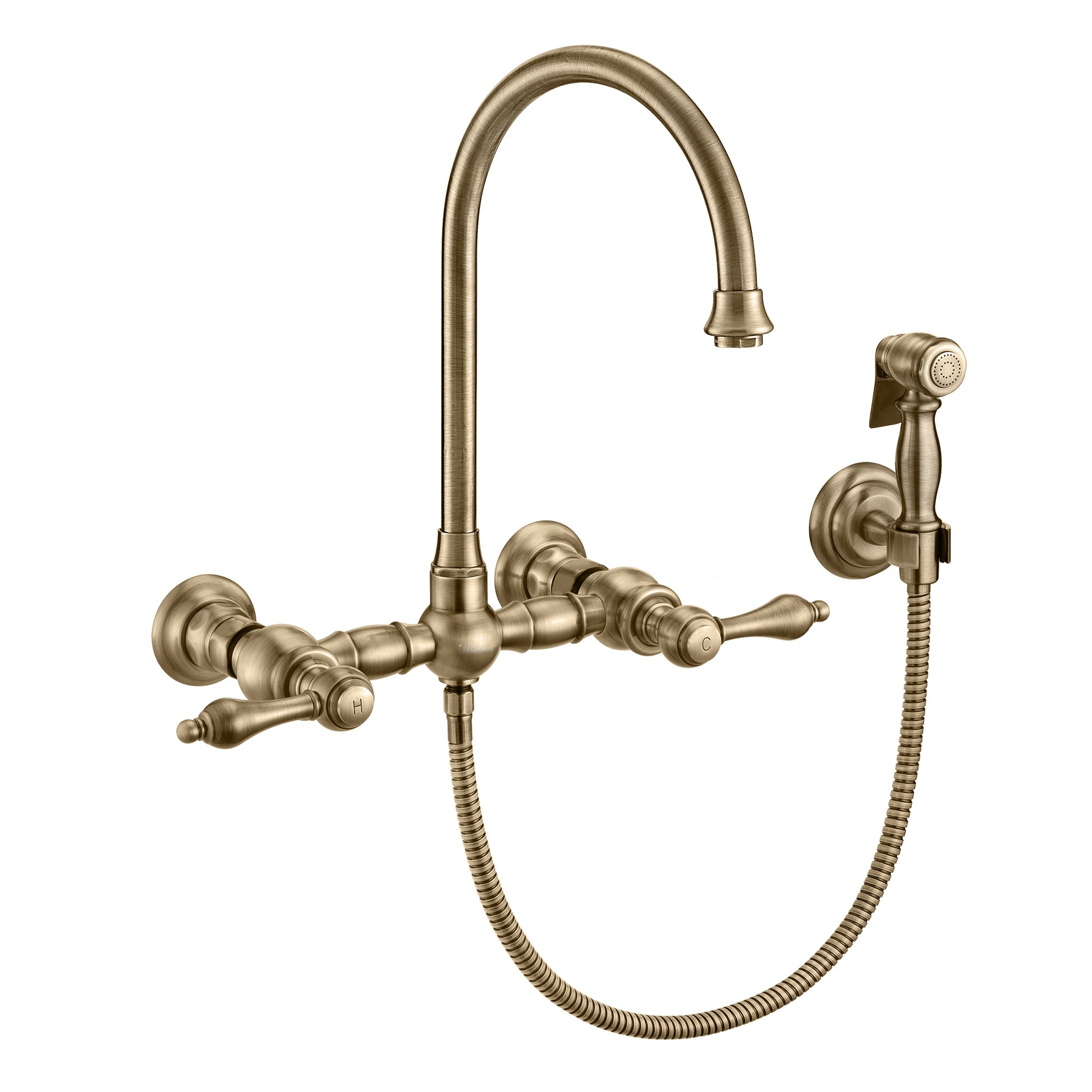 Vintage III Plus Wall Mount Faucet with a Long Gooseneck Swivel Spout, Lever Handles and Solid Brass Side Spray