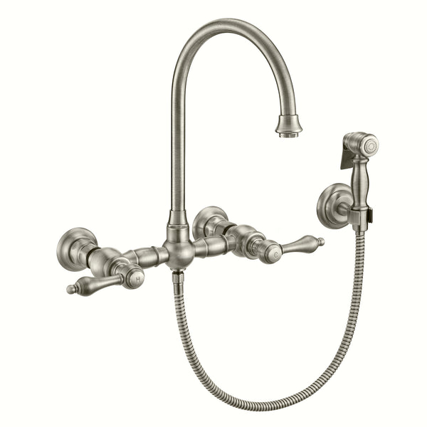 Vintage III Plus Wall Mount Faucet with a Long Gooseneck Swivel Spout, Lever Handles and Solid Brass Side Spray