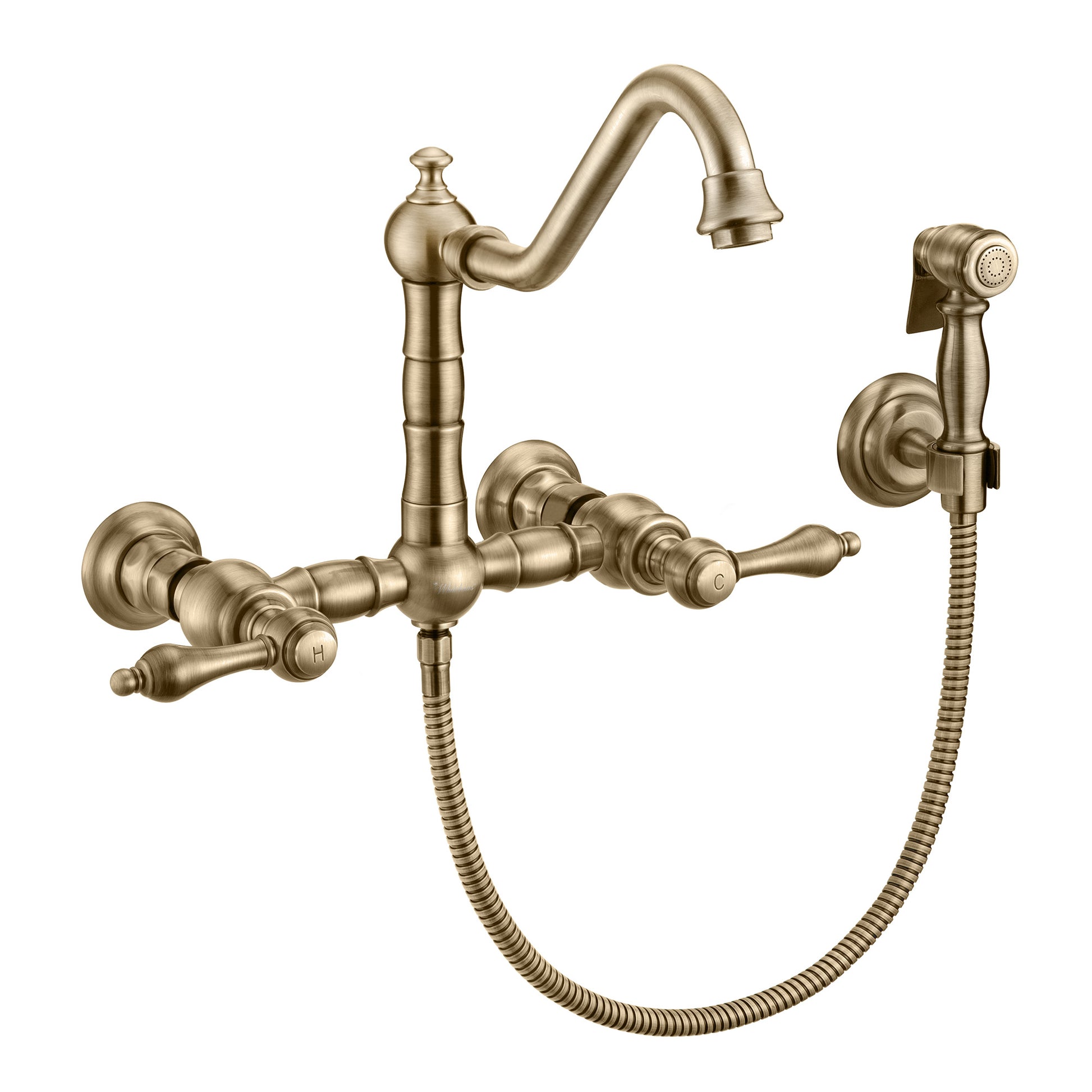 Vintage III Plus Wall Mount Faucet with a Long Traditional Swivel Spout, Lever Handles and Solid Brass Side Spray