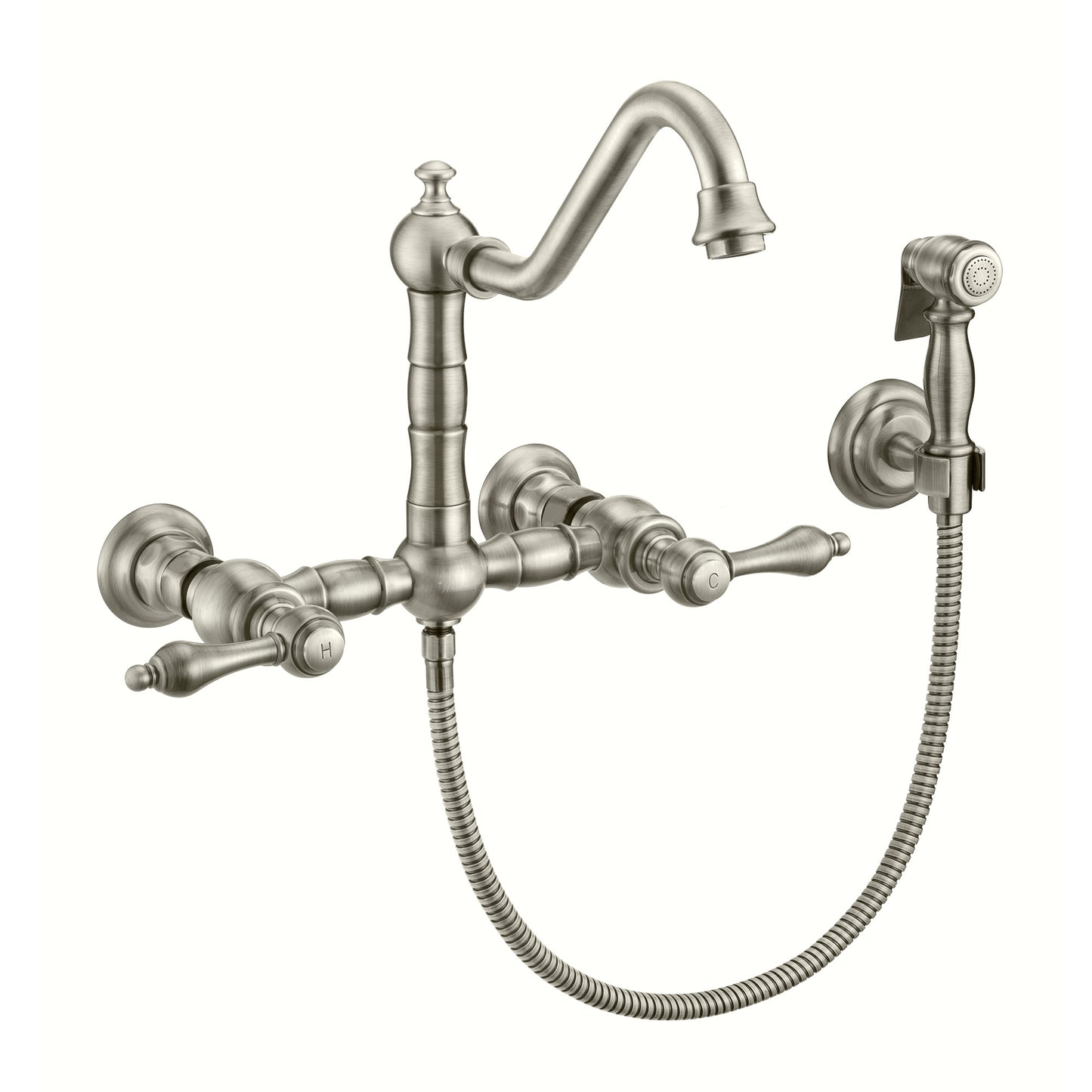 Vintage III Plus Wall Mount Faucet with a Long Traditional Swivel Spout, Lever Handles and Solid Brass Side Spray