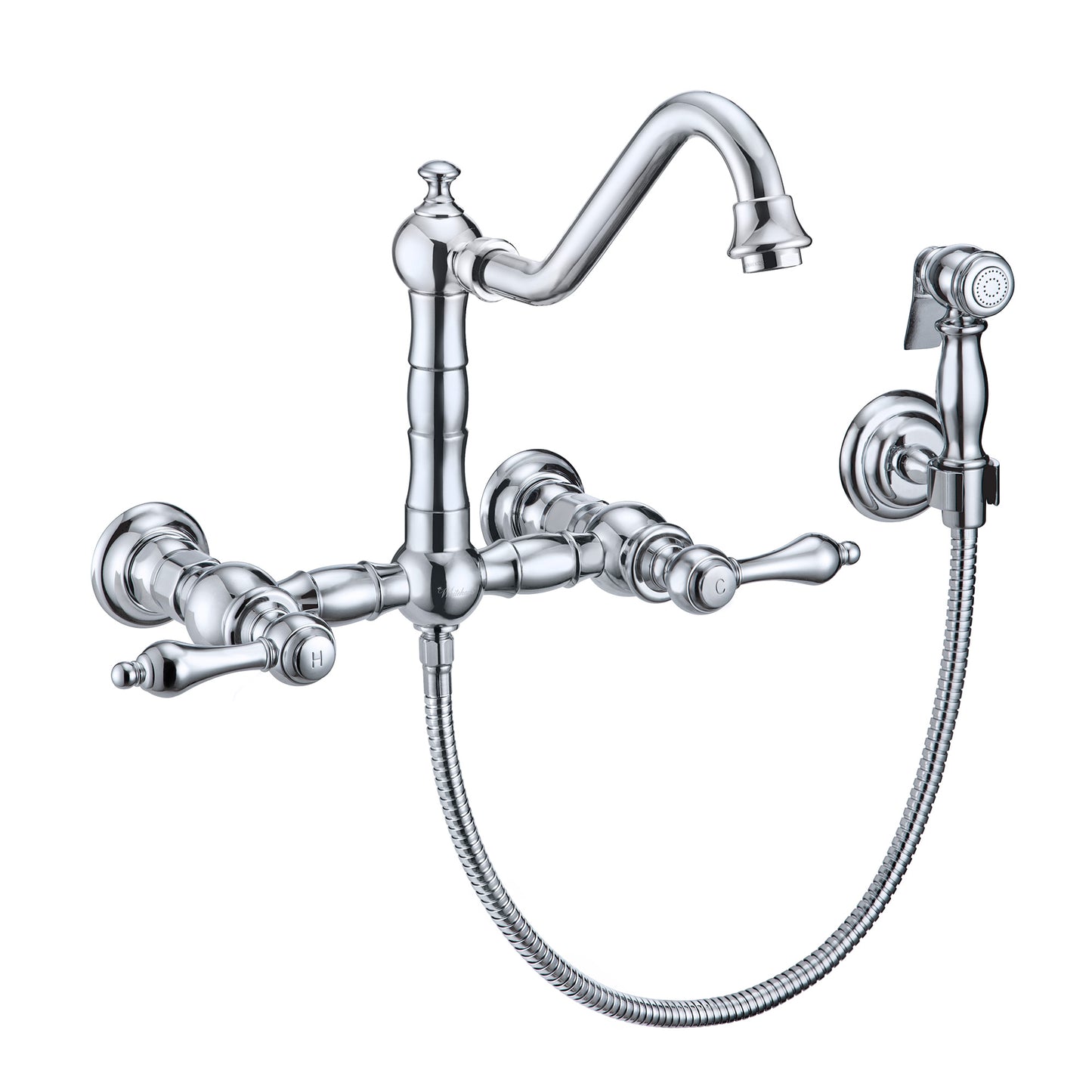 Vintage III Plus Wall Mount Faucet with a Long Traditional Swivel Spout, Lever Handles and Solid Brass Side Spray