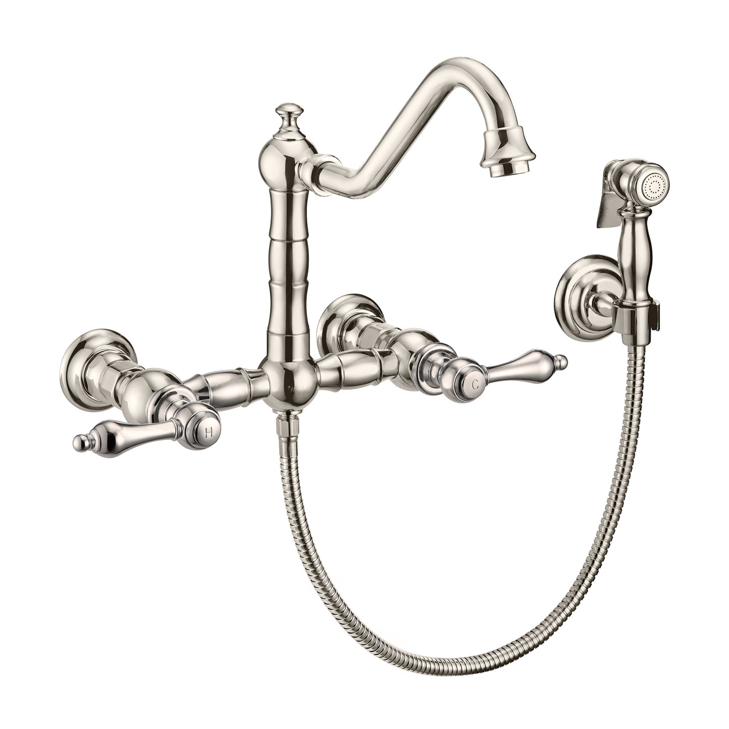 Vintage III Plus Wall Mount Faucet with a Long Traditional Swivel Spout, Lever Handles and Solid Brass Side Spray