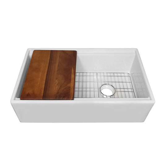 Whitehaus Collection Single Bowl Fireclay Sink Set with a Smooth Front Apron, Walnut Wood Cutting Board and Stainless Steel Grid