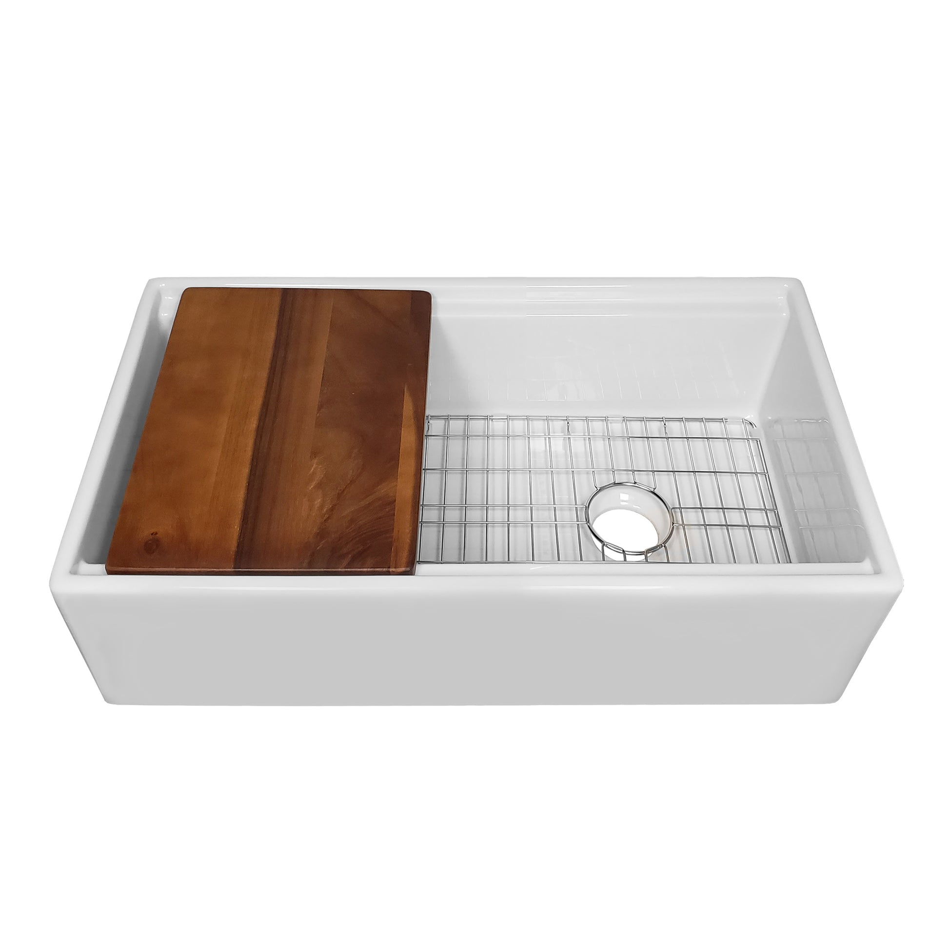 Whitehaus Collection Single Bowl Fireclay Sink Set with a Smooth Front Apron, Walnut Wood Cutting Board and Stainless Steel Grid